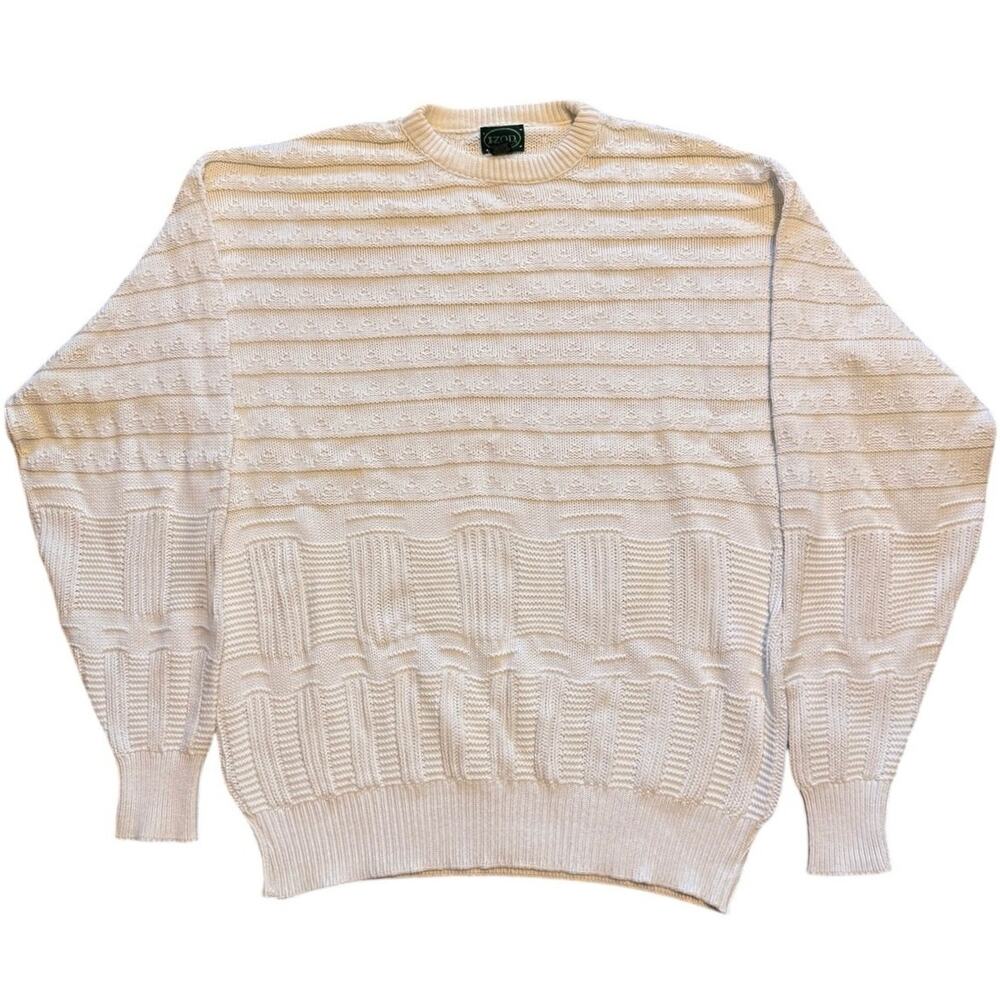 Vtg Izod 3D Knit Sweater Mens Size XL Cream White 100% Cotton Made in USA 90s